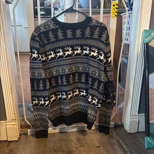 Men's Black, Blue and White Reindeer Sweater